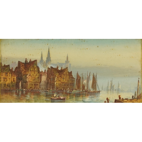 795 - T Montimer - Sailing boats on a river before a cathedral, pair of continental watercolours, each mou... 