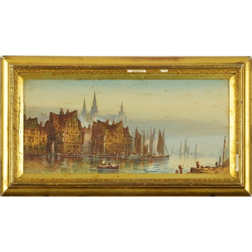 795 - T Montimer - Sailing boats on a river before a cathedral, pair of continental watercolours, each mou... 