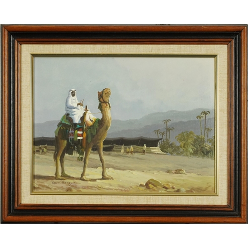 771 - Arab on a camel before a landscape, oil on canvas, signed Geon Hong K, mounted and framed, 39cm x 29... 