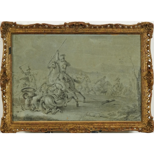 30 - Battle scene with figures on horseback, 18th century Swiss school heightened watercolour, inscribed ... 