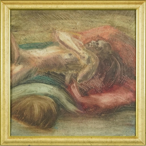 797 - Reclining nude male, 20th century oil on board, framed and glazed, 39cm x 39cm excluding the frame