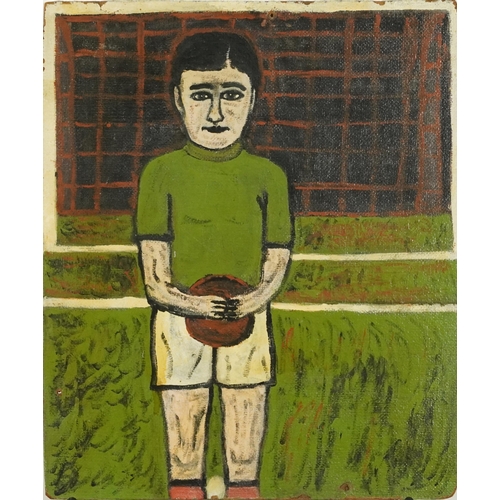 822 - Footballer and street scene, pair of folk art style oil on boards, unframed, the largest 48cm x 33cm