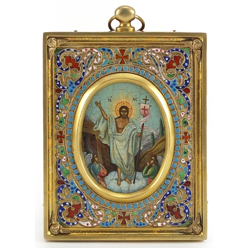 165 - Antique Russian silver gilt Champleve enamel travelling icon with oval panel hand painted with The R... 