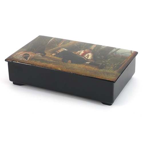 161 - 19th century Russian lacquered box hand painted with bird catchers in a forest after a painting by V... 