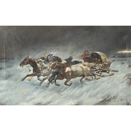 215 - Constantin Stoiloff - Russian quadriga fleeing attacking wolves, oil on canvas, mounted and framed, ... 