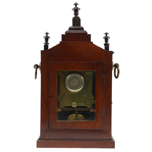 44 - Early 19th century mahogany bracket clock striking on a bell, the circular silvered dial with Roman ... 