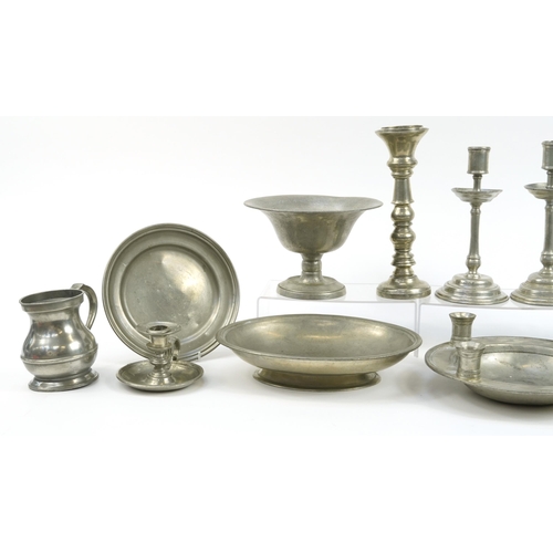 227 - Antique and later collection of pewter, mostly by Kenneth Turner including pair of candlesticks, ped... 