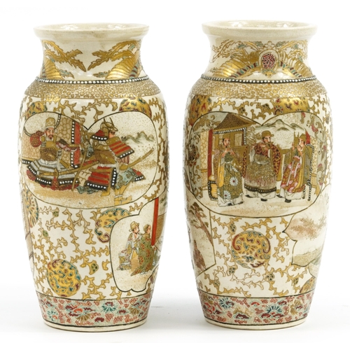 341 - Pair of Japanese Satsuma pottery vases hand painted with Samurai warriors, figures and flowers, each... 