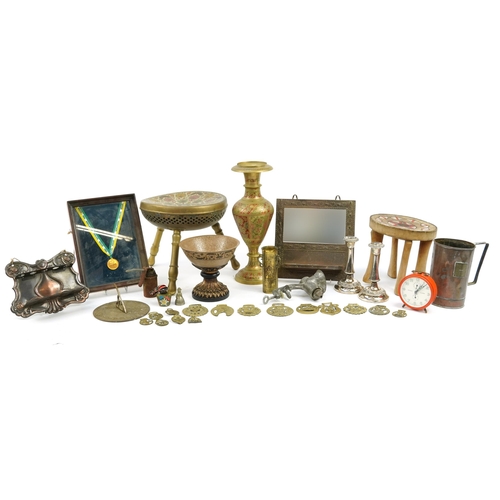 1188 - Metalware and sundry items including African beadwork tribal stool, Art Nouveau embossed copper pipe... 