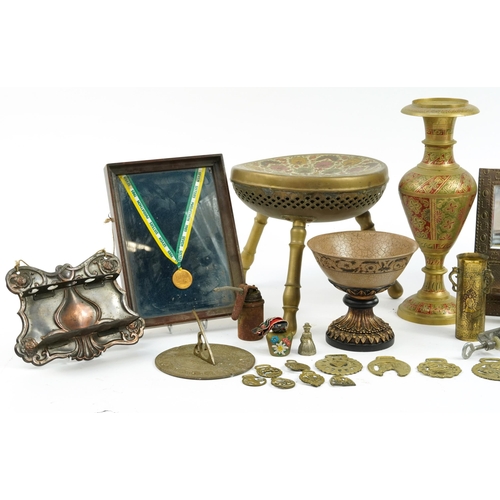 1188 - Metalware and sundry items including African beadwork tribal stool, Art Nouveau embossed copper pipe... 