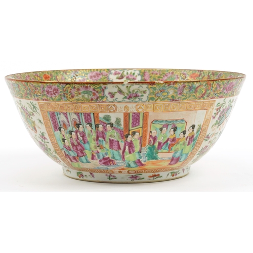 140 - Large Chinese Canton porcelain punch bowl hand painted in the famille rose palette with flowers and ... 