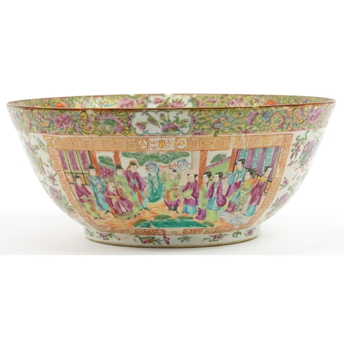 140 - Large Chinese Canton porcelain punch bowl hand painted in the famille rose palette with flowers and ... 