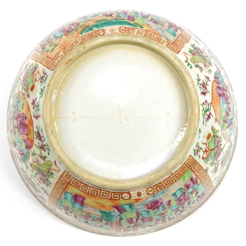 140 - Large Chinese Canton porcelain punch bowl hand painted in the famille rose palette with flowers and ... 