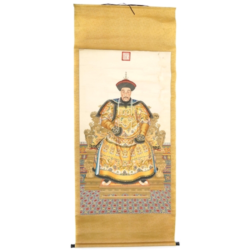 346 - Large Chinese watercolour wall hanging scroll hand painted with an ancestral portrait, impressed red... 