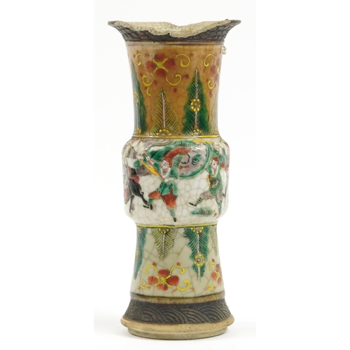 768 - Chinese crackle glazed Gu beaker vase hand painted in the famille verte palette with warriors in a l... 