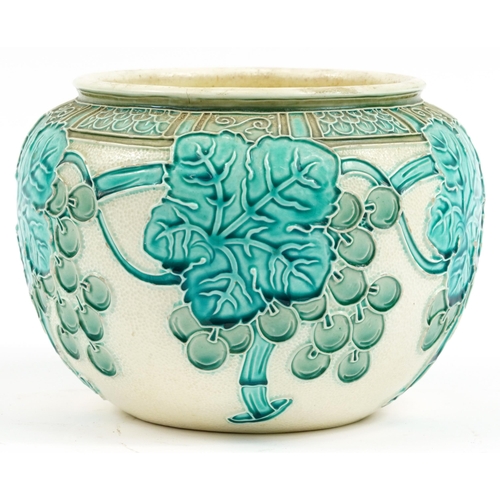 126 - Burmantofts, Arts & Crafts faience glazed jardiniere incised and decorated in relief with leaves and... 