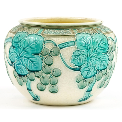 126 - Burmantofts, Arts & Crafts faience glazed jardiniere incised and decorated in relief with leaves and... 