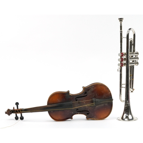 Tristar silver plated trumpet and wooden violin bearing a Stradivarius