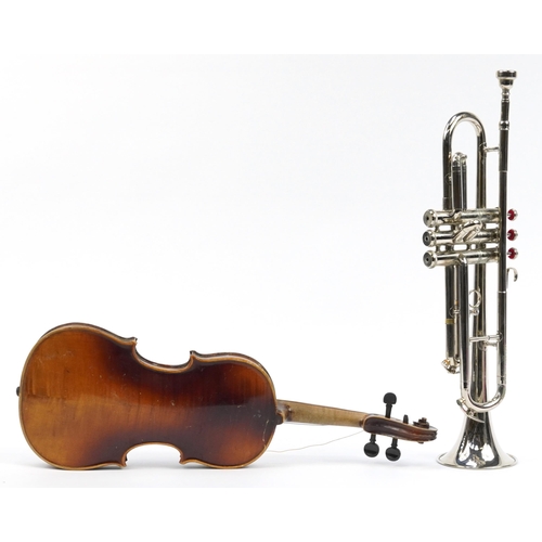 Tristar silver plated trumpet and wooden violin bearing a Stradivarius