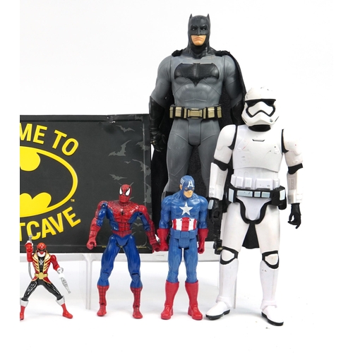 1562 - Superhero toys and collectables including Spiderman, Batman and Storm Trooper action figures, the la... 