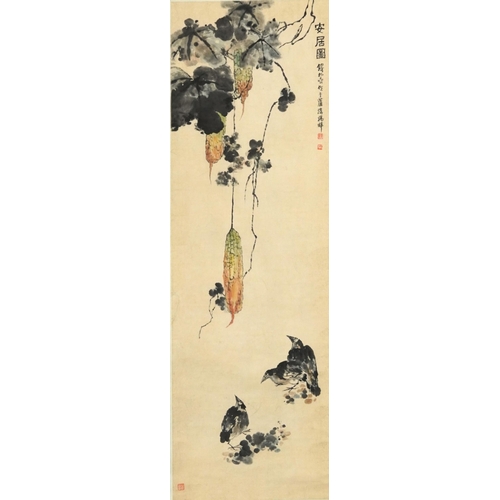 206 - Manner of Qian Songyan - A Moment of Peaceful Life, Chinese ink and watercolour scroll with characte... 