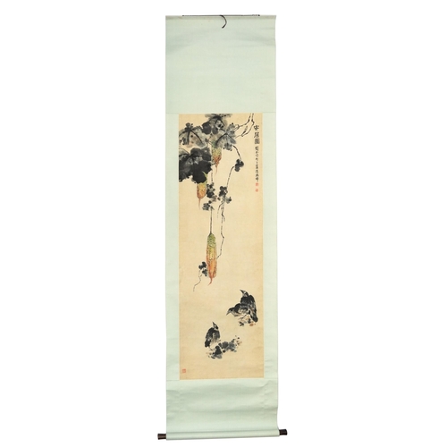 206 - Manner of Qian Songyan - A Moment of Peaceful Life, Chinese ink and watercolour scroll with characte... 