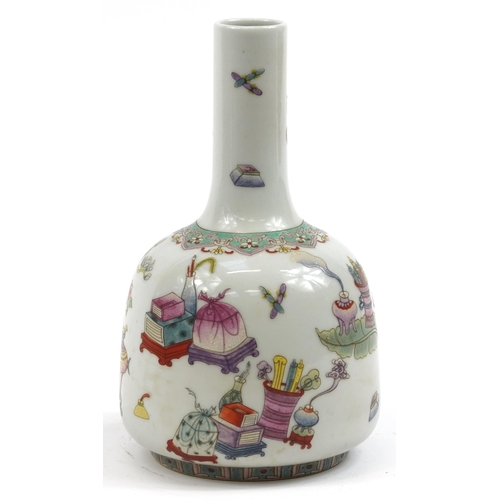 454 - Chinese porcelain mallet vase hand painted in the famille rose palette with flowers and objects, six... 