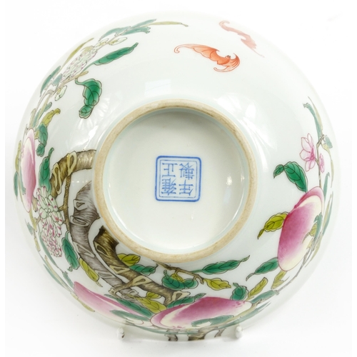 511 - Chinese porcelain bowl hand painted in the famille rose palette with peaches, four figure character ... 