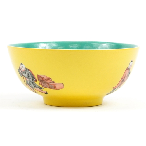 65 - Chinese porcelain yellow ground bowl hand painted with figures, six figure character marks to the ba... 