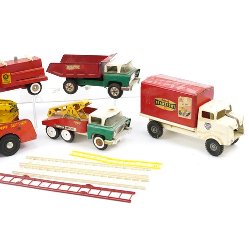 1569 - Five large vintage Tri-ang tinplate vehicles including transport truck and fire engine, the largest ... 