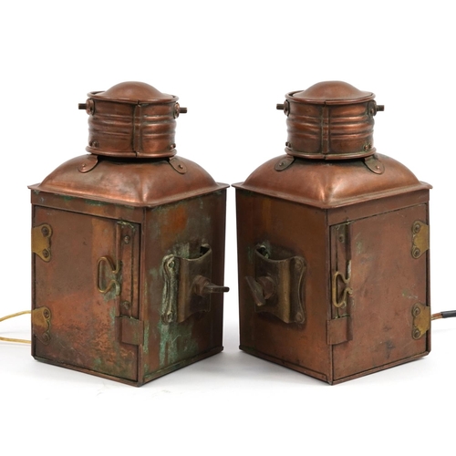 323 - Pair of shipping interest copper and brass starboard and port lanterns, each 22cm high