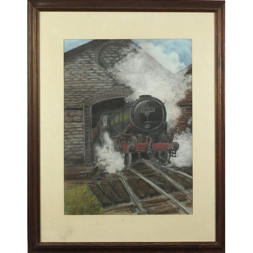 727 - After Terence Cuneo - Train emerging from a tunnel, pastel, mounted, framed and glazed, 45cm x 33cm ... 