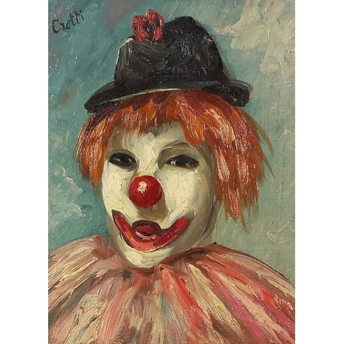 842 - Smiling clown, 1940s American/French school oil on Masonite, mounted and framed, 23cm x 16cm excludi... 