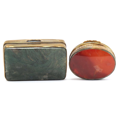 716A - Two brass pill boxes including one with moss agate, the largest 6cm wide