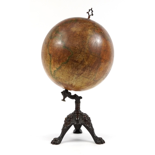 304 - A N Lebegue & Co, 19th century French terrestrial table globe on cast iron tripod base with paw feet... 