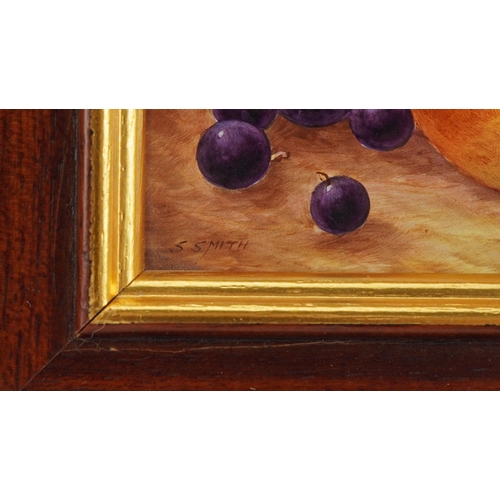 94 - Rectangular porcelain plaque hand painted with fruits and leaves by Royal Worcester artist S Smith, ... 