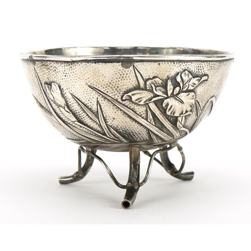 209 - Kuhn & Komor, Japanese sterling silver bowl raised on three naturalistic feet and embossed with flow... 