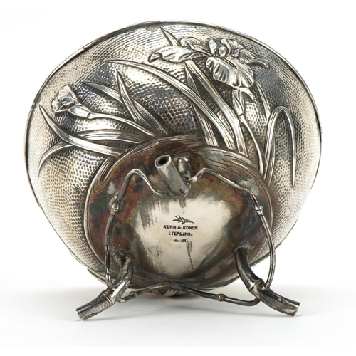 209 - Kuhn & Komor, Japanese sterling silver bowl raised on three naturalistic feet and embossed with flow... 