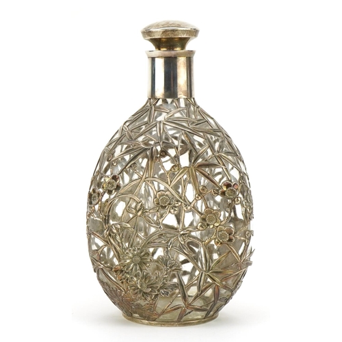 208 - Chinese 950 silver overlaid glass decanter, pierced and embossed with bamboo grove, 22cm high