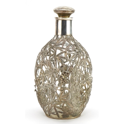 208 - Chinese 950 silver overlaid glass decanter, pierced and embossed with bamboo grove, 22cm high