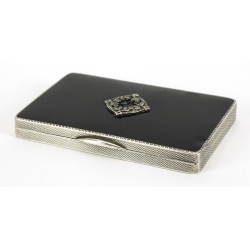 113 - Rectangular silver black enamel and marcasite cigarette case with engine turned decoration, H C F Lt... 