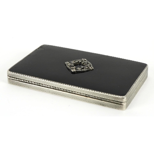 113 - Rectangular silver black enamel and marcasite cigarette case with engine turned decoration, H C F Lt... 