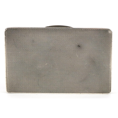 113 - Rectangular silver black enamel and marcasite cigarette case with engine turned decoration, H C F Lt... 