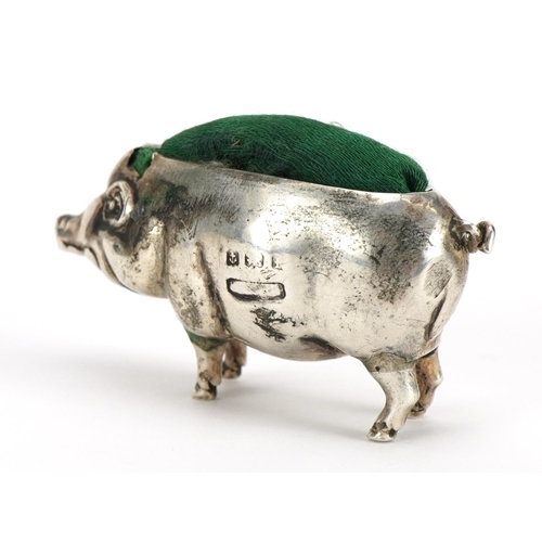 463 - Edwardian novelty silver pincushion in the form of a pig, incomplete hallmarks, Birmingham 1905, 4.5... 