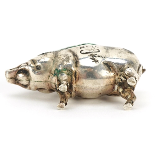 463 - Edwardian novelty silver pincushion in the form of a pig, incomplete hallmarks, Birmingham 1905, 4.5... 