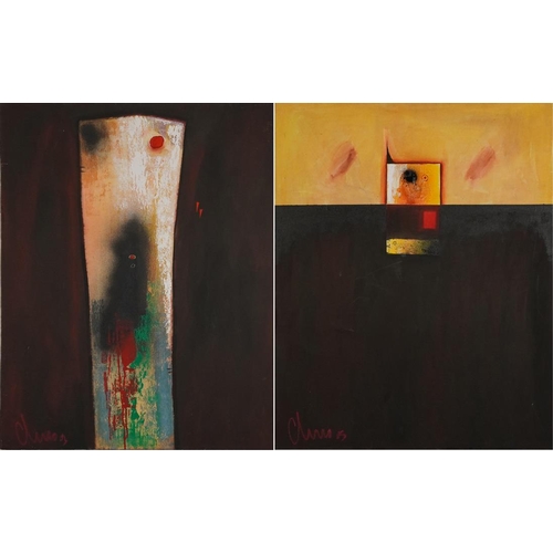 550 - Abstract compositions, pair of Mexican school oil on canvasses, unframed, each 100cm x 80cm