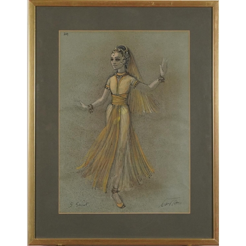 269 - Carl Toms - Female in costume dancing, theatrical ink and watercolour, inscribed S Ballet, The Medic... 