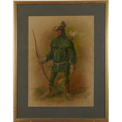 265 - Carl Toms - Archer with bow and arrows, theatrical ink and watercolour, The Medici Society label ver... 