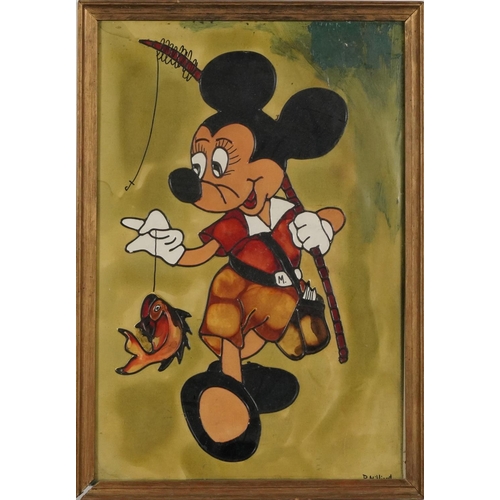 824 - Mickey Mouse with a fish, comical mixed media, indistinctly signed, partially obscured by the mount,... 