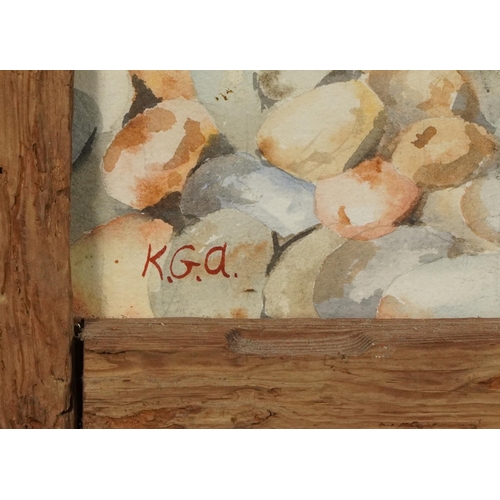 400 - K G Astell - Coastal landscape with pebbles, watercolour, housed in a naturalistic driftwood frame, ... 